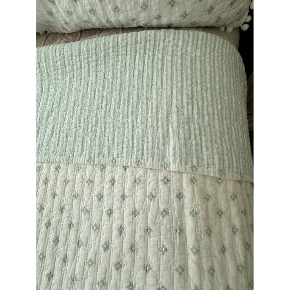 Boho Quilted King Bedding Set White Sage Green Pom Pom Trim Quilt 2 Shams